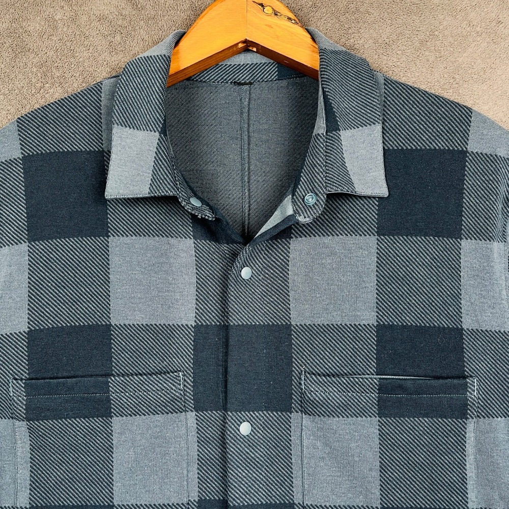 Lululemon Soft Knit Overshirt Mens Large Blue Black Check Plaid Long Sleeve Snap